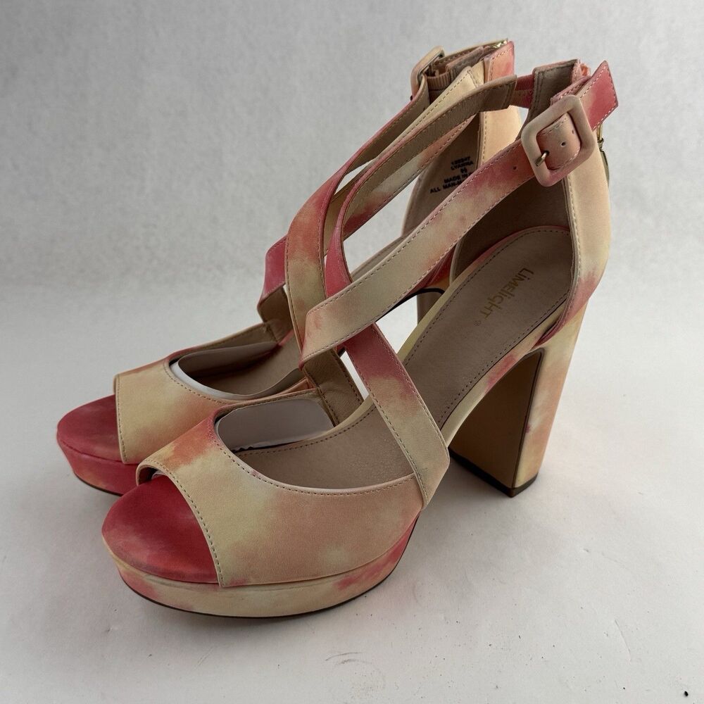 Limelight Platform Heels Size 9.5 Faux Leather Block Sandals Pink Beige Open Box